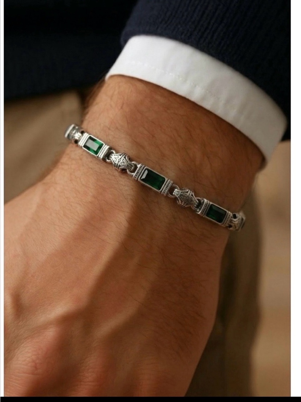 Men's Silver Chain Bracelet with Green Inlay